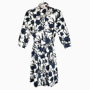 La Fee Maraboutee Button Down Cotton Shirt Dress Blue & Black Floral Sz 40FR/8US